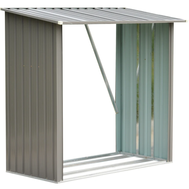 Outsunny 64" Steel Sturdy Firewood Covered Shed Storage Rack - Grey