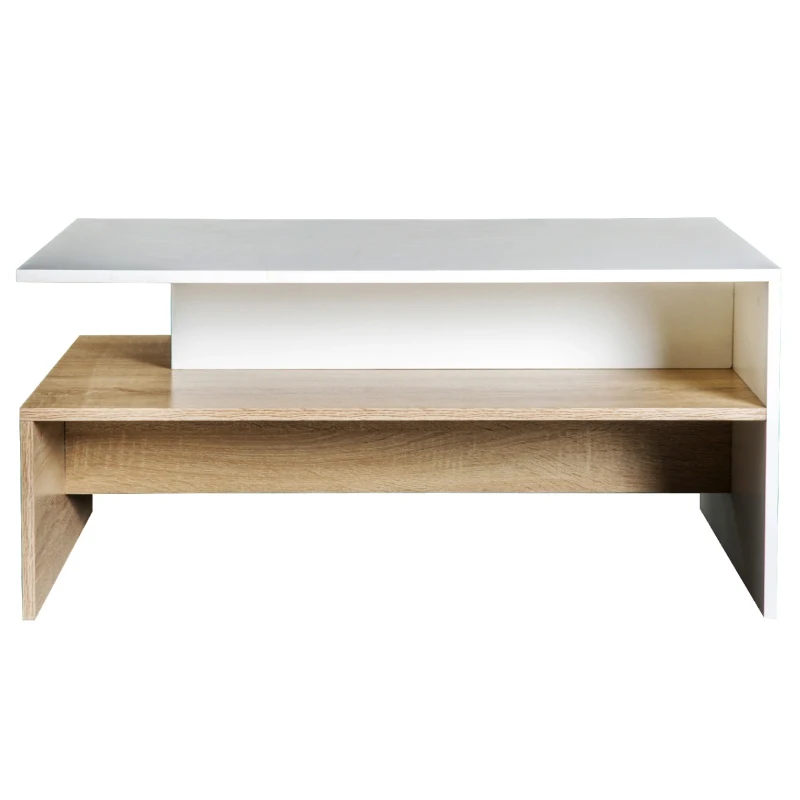 HOMCOM Modern Coffee Table, 2-tier Rectangular Center Table with Storage Shelves for Living Room, White/Natural Wood