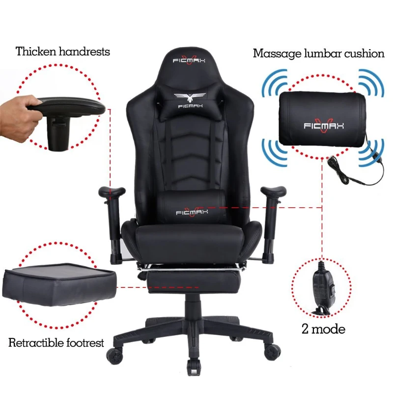 Ficmax Ergonomic  Racing Style Gaming Chair  High-Back Computer  PC Swivel  Seat with Massage Lumbar  Support and Headrest Pillow -Black