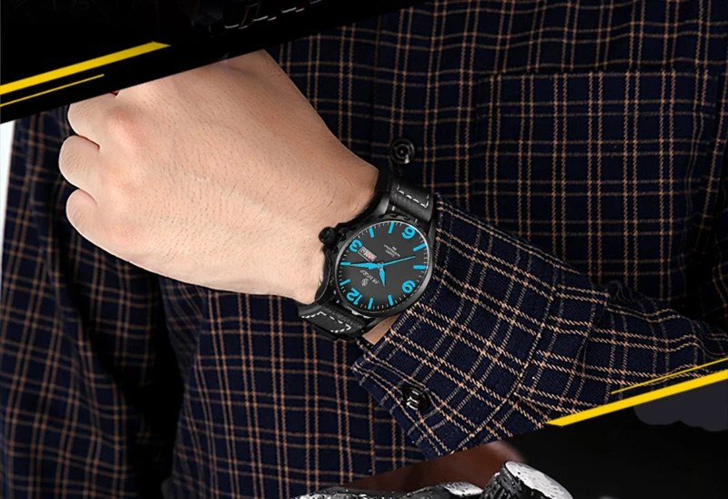 SENORS Mens Sports Watches Japan Movement Genuine Leather Band Three Quartz Movement Man Clocks Waterproof--black leather strap and blue dial plate