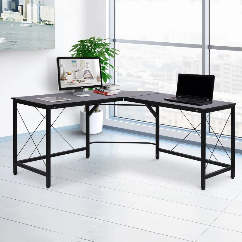 HOMCOM Wood Metal Modern L Shaped Corner Computer Desk - Black