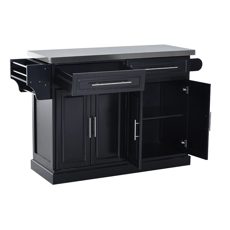 HomCom Modern Kitchen Rolling Island Cart Storage Cabinet with Stainless Steel Top - Black