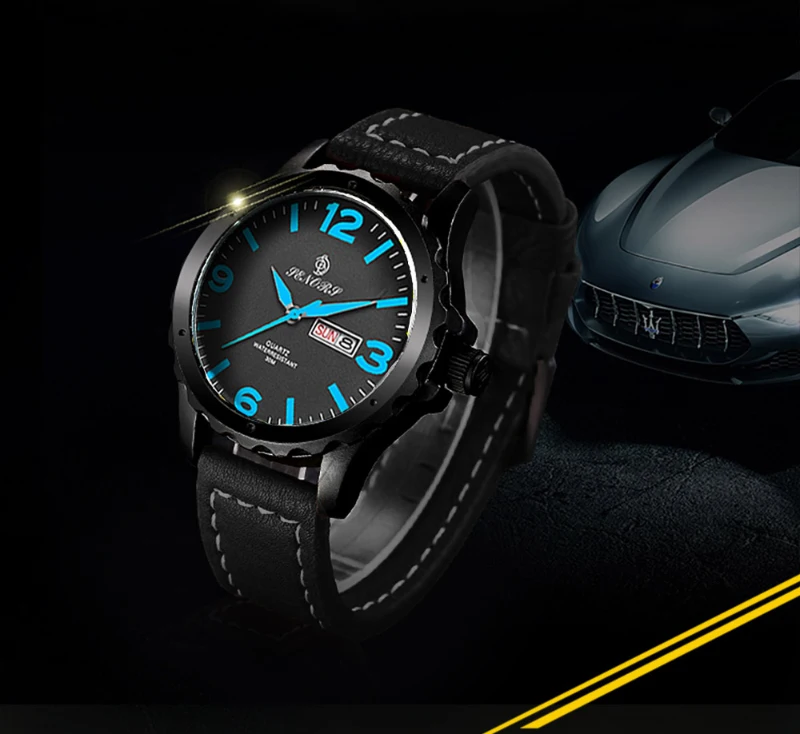 SENORS Mens Sports Watches Japan Movement Genuine Leather Band Three Quartz Movement Man Clocks Waterproof--black leather strap and blue dial plate