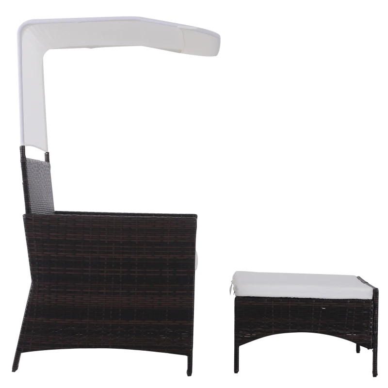 Outsunny 2 Piece Rattan Wicker Outdoor Loveseat with Sunshade Canopy and Nesting Ottoman Footrest - Brown