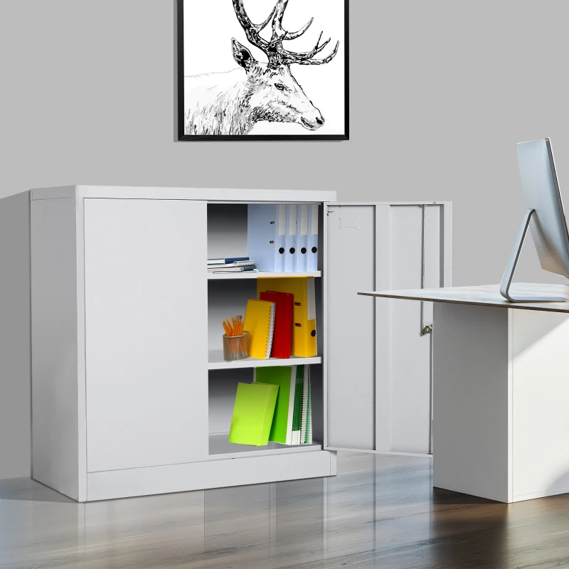 HomCom 36" Counter Height Metal Locking Storage Cabinet with 2 Adjustable Shelves - Grey