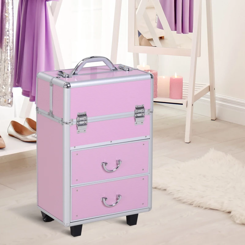 Soozier Large Makeup Train Case Professional MUA Vertical Rolling Full Travel Vanity Case - Pink