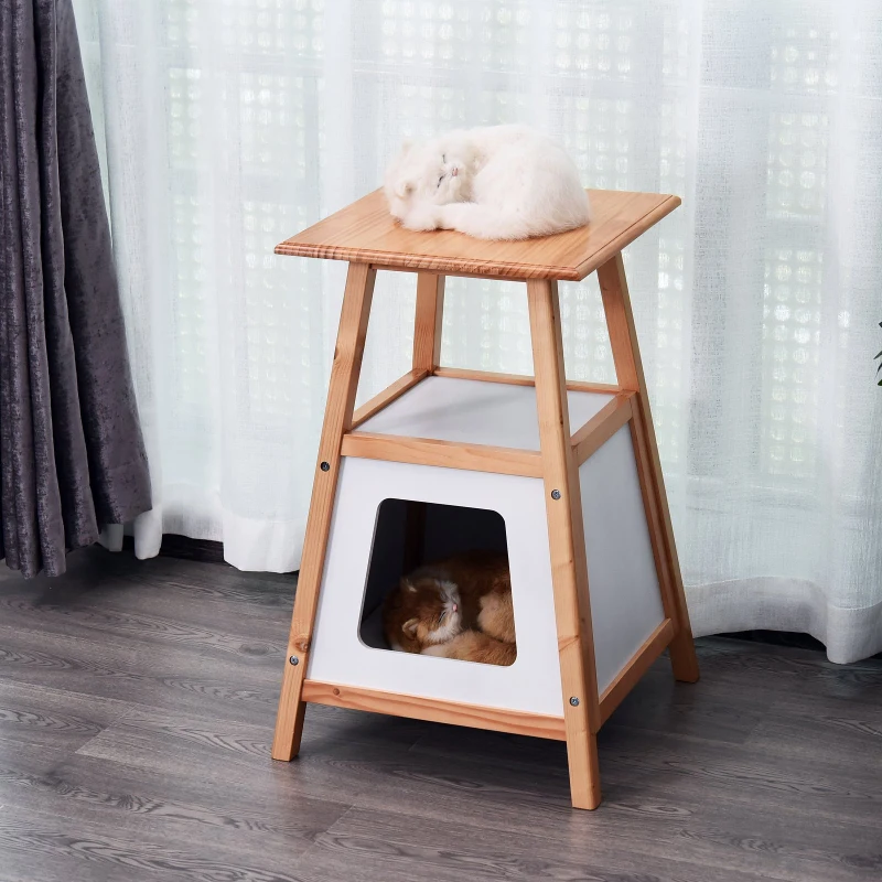 PawHut 24” Modern Wood Cat House and Side Table with Storage Shelf