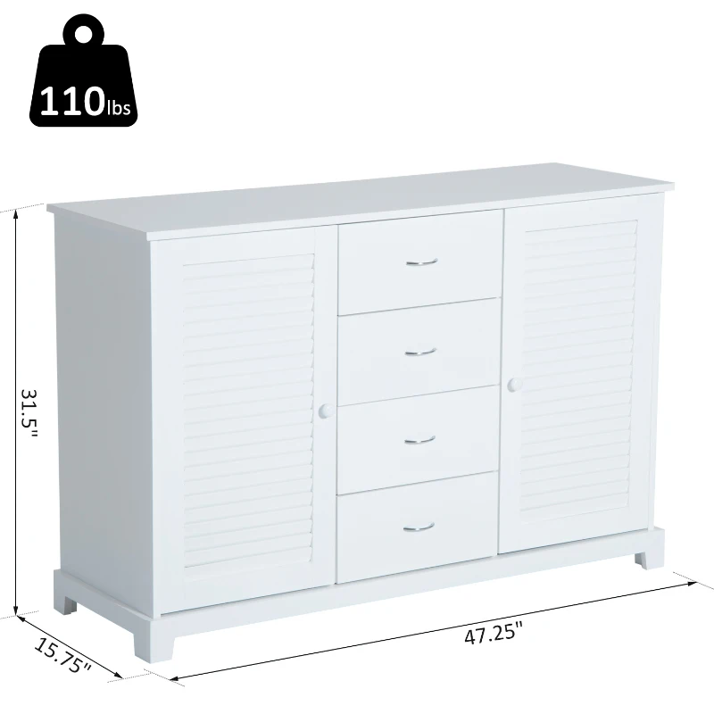 HomCom 47" Contemporary Craftsman Style Bathroom Cabinet Buffet Sideboard Countertop Tower with Drawers and Shutters - White