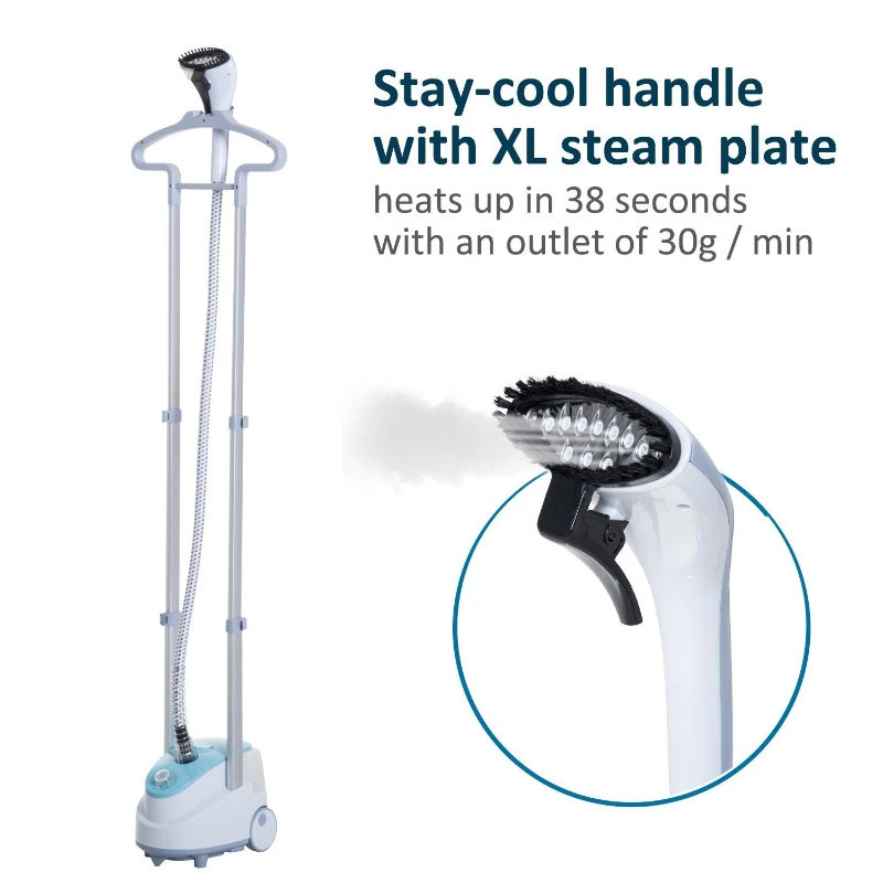 HomCom 1.7 Liter 1200W Upright Full Size Clothing Steamer With Fabric Brush And Garment Hanger - White / Blue