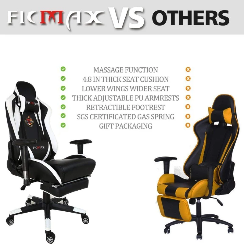 Office Chair Large Size Executive Racing Style Computer Chair with Massage Support and Retractable Footrest - White / Black