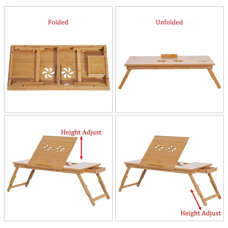 HomCom 28” Adjustable Wooden Folding Bamboo Laptop Bathtub Tray Table With Storage Drawer