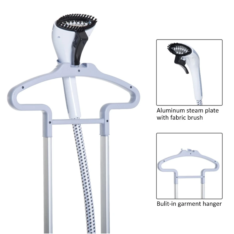 HomCom 1.7 Liter 1200W Upright Full Size Clothing Steamer With Fabric Brush And Garment Hanger - White / Blue
