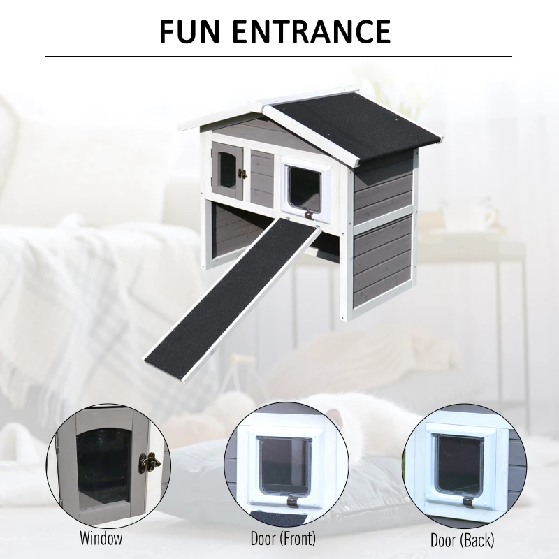 PawHut Solid Wood Cat Condo - Natural Water-Proof Outdoor 2-Floor Pet Shelter