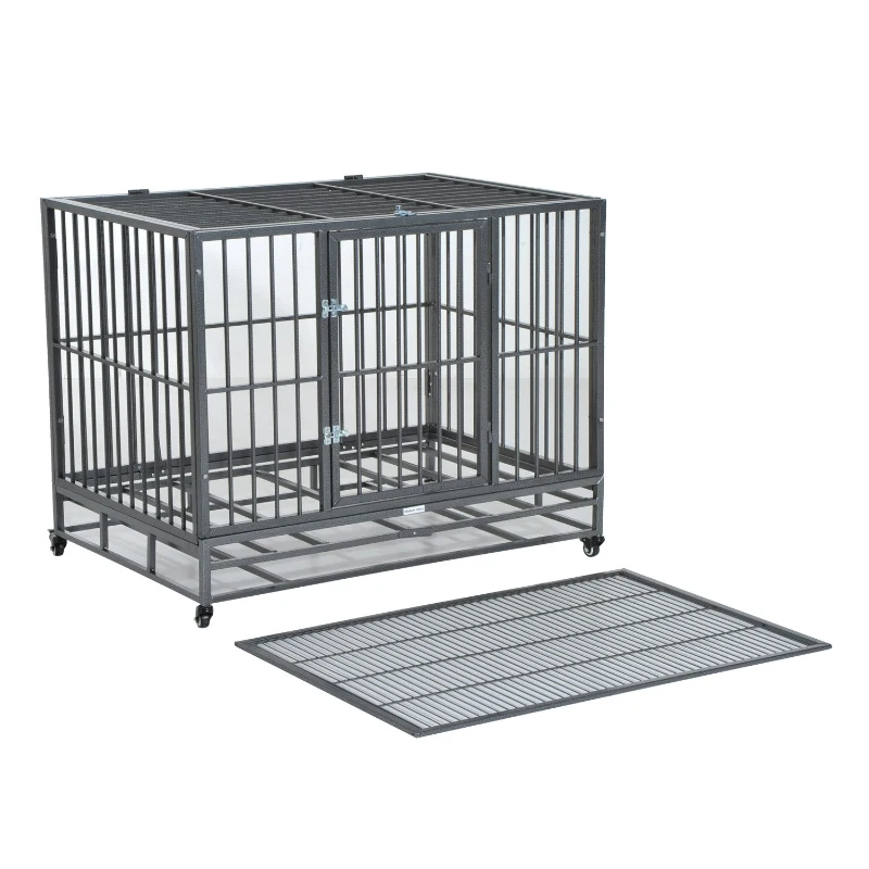 PawHut 42" Stainless Steel Elevated Indestructible Dog Kennel Rolling Pet Crate With Dual Pans