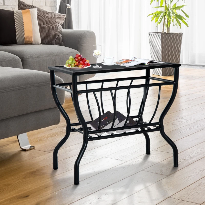 HomCom Metal Magazine Rack End Table w/ Glass Top - Black Glass Top