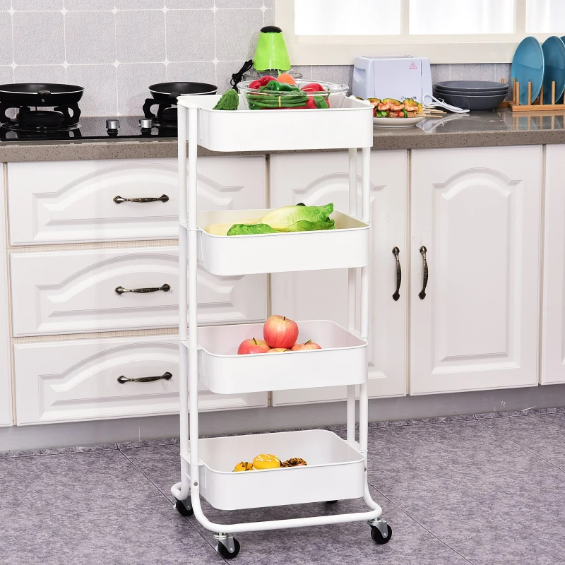 HOMCOM 4-tier Rolling Metal Kitchen Utility Cart Trolley with Storage - White