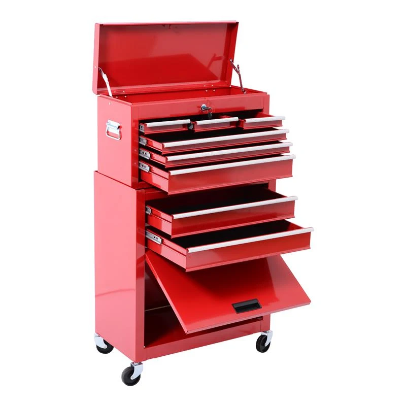 HomCom 2 Piece Rolling Tool Cabinet Combo Set with 8 Drawers and Removable Tool Box - Red