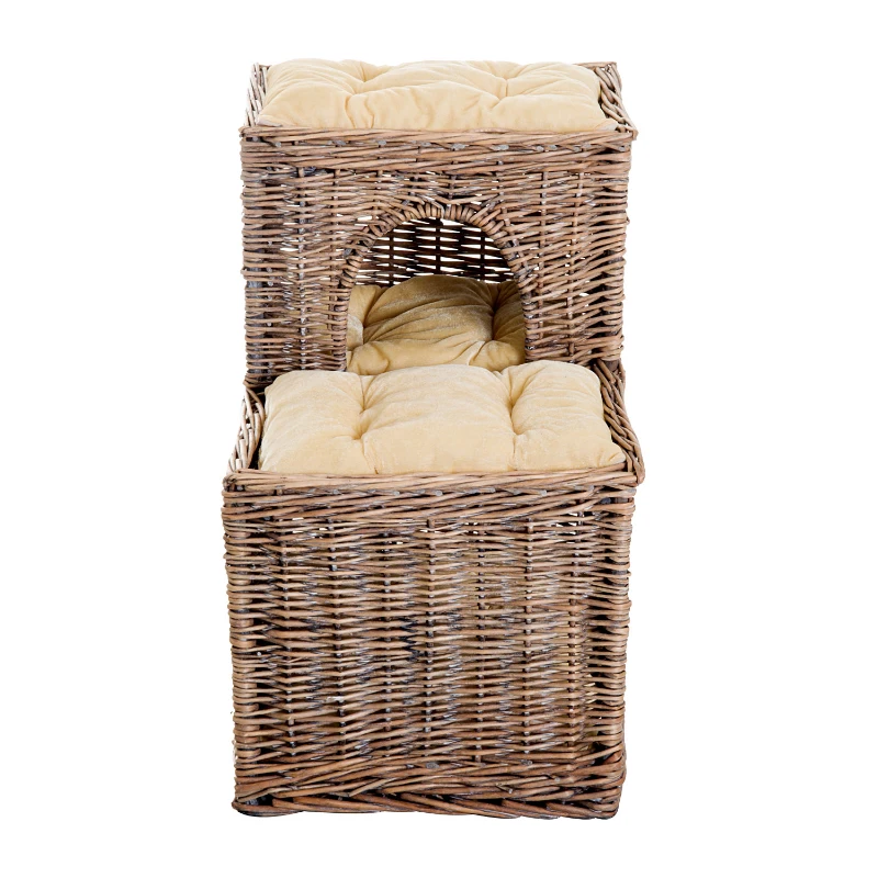 Pawhut 3-Tier Handcrafted Wicker Cat Condo Lounge Bed Indoor Outdoor Play House w/ Soft Cushions