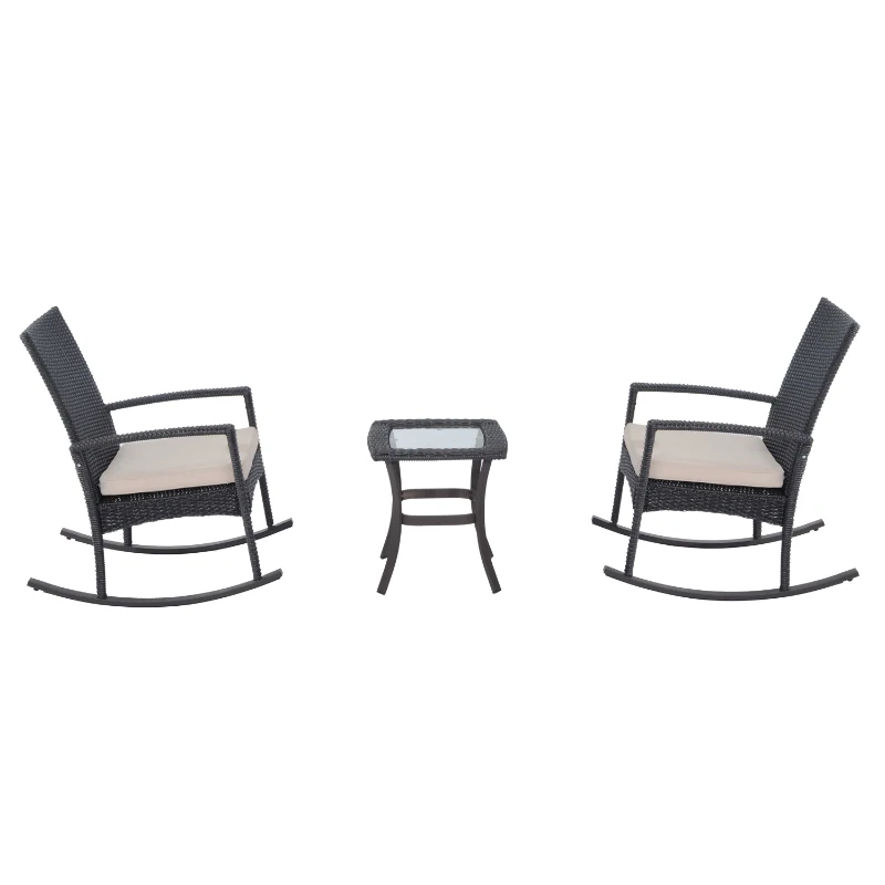 Outsunny 3 Piece Outdoor PE Rattan Wicker Rocking Chair and Tea Table Set - Dark Grey/ Cream