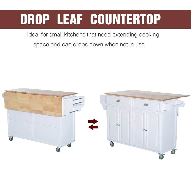 HomCom Kitchen Rolling Island Cart with Drawers Wood Top Drop-Leaf Table Cart on Wheels - White
