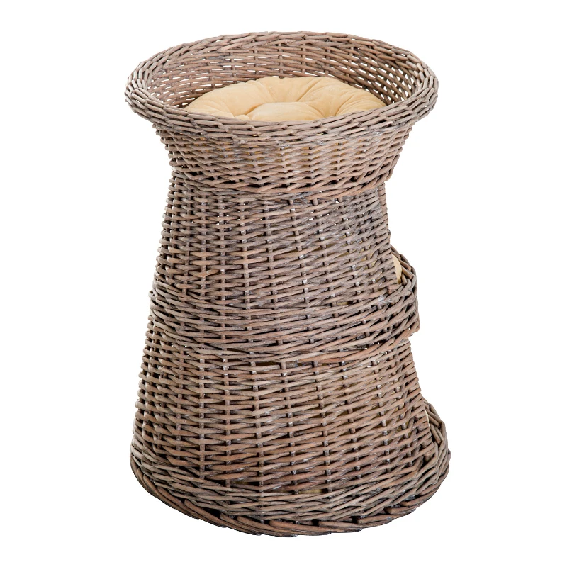 PawHut 24" 3 Tier Round Rattan Wicker Elevated Cat Bed Condo with Cushions