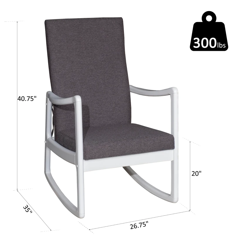 HomCom Modern Wood Rocking Chair Indoor Porch Furniture for Living Room - White / Gray with Cushion