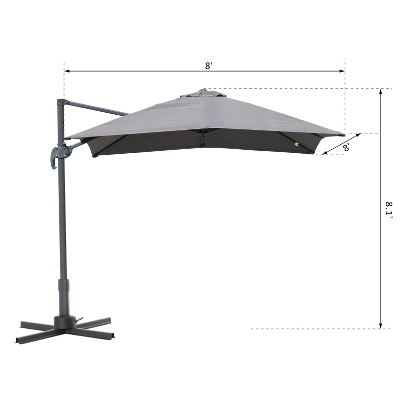 Outsunny 8ft x 8ft Square Offset 360 Cantilever Market Patio Umbrella with Cross Base Gray