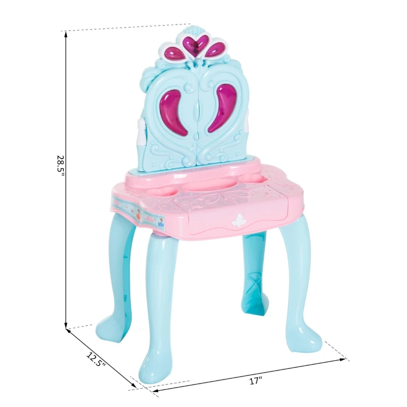 Qaba 2-in-1 Kids Pretend Play Set Piano Princess Vanity Table with Lights, Sounds and Accessories - Light Blue / Pink