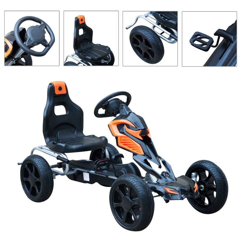 Aosom Kids Outdoor Pedal Powered Ride-On Go Kart Racer Car with Hand Brake and Non-Slip Wheels - Orange