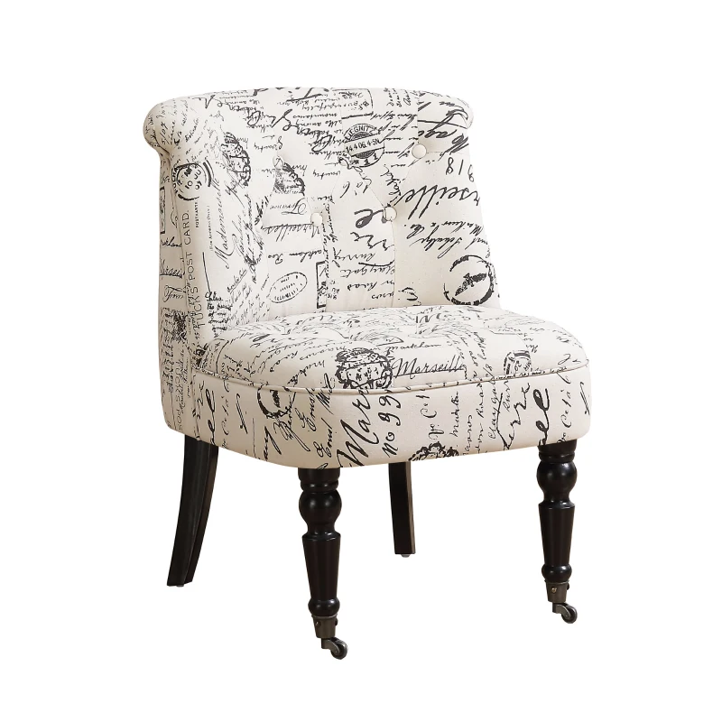 Monarch Traditional Style Tufted Scroll Back Wheeled Accent Slipper Chair - Vintage French Fabric