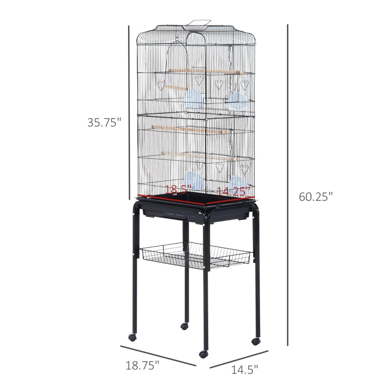 PawHut 63" Large Metal Wire Indoor Bird Cage Playhouse Kit with Detachable Rolling Stand, Storage Basket, and Accessories - Black