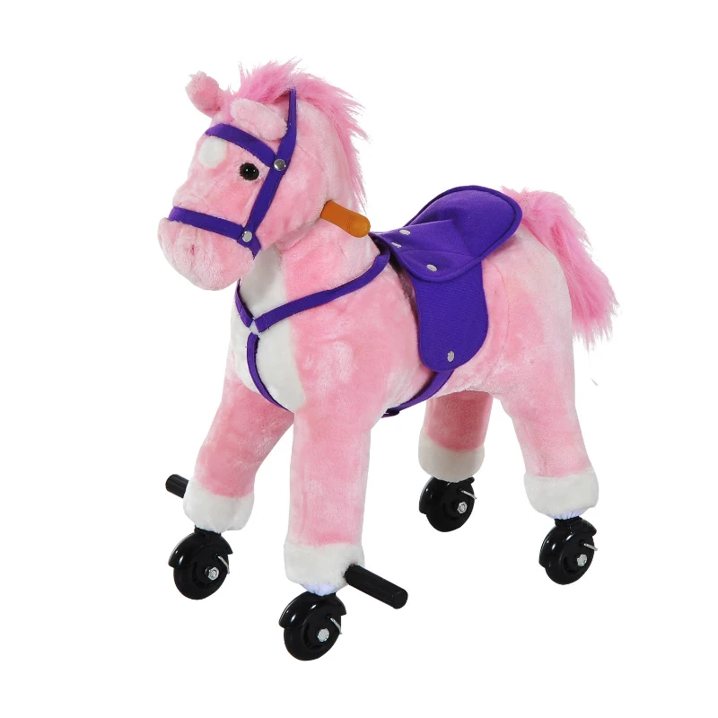 Qaba Children’s Soft Plush Mechanical Toy Riding Horse with Forward Walking Motion - Pink and Purple