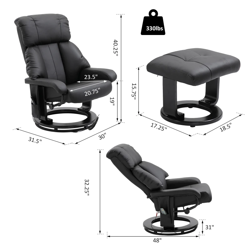 HOMCOM Heated Massage Recliner Sofa Modern Swivel Executive Chair with Ottoman and Leather-Wrapped Base - Black