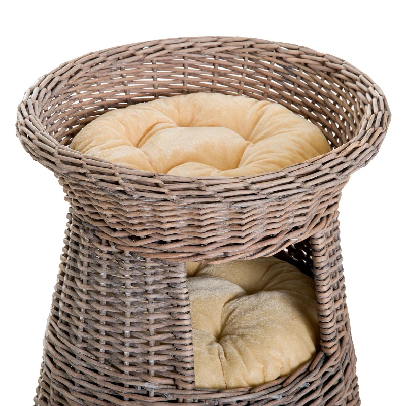 PawHut 24" 3 Tier Round Rattan Wicker Elevated Cat Bed Condo with Cushions