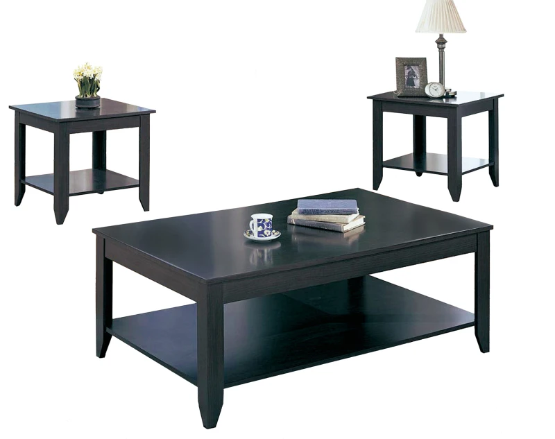 Monarch 3 Piece Transitional Shelved Rectangular Wood-Look Coffee Table / Two Matching End Tables Set - Cappuccino