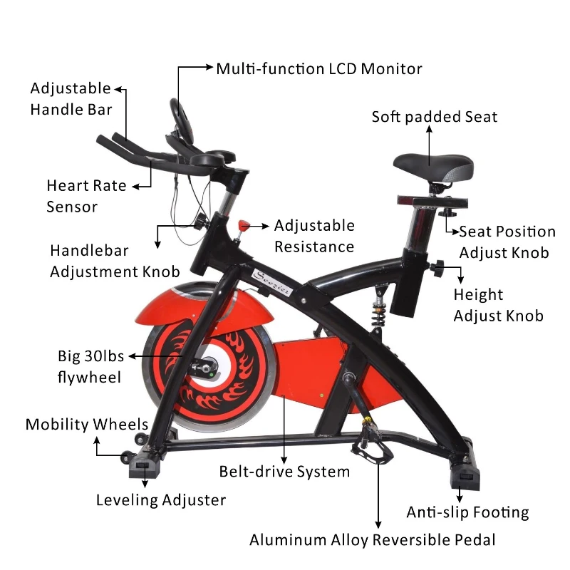 Open Box Soozier Pro Upright Stationary Exercise Cycling Bike w/ LCD Monitor - Black and Red
