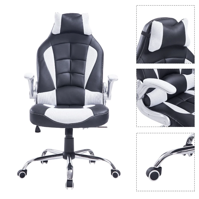 HomCom High Back Racing Style Ergonomic Gaming Chair With Armrest, Lumbar And Head Support - White / Black