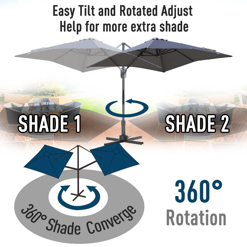 Outsunny 8ft x 8ft Square Offset 360 Cantilever Market Patio Umbrella with Cross Base Gray