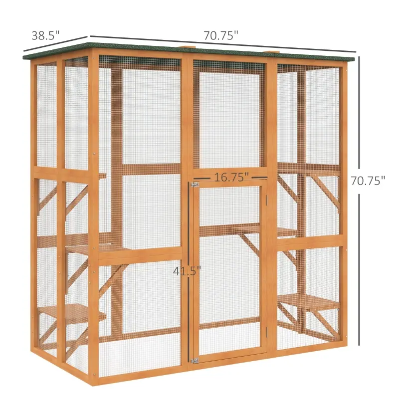 PawHut 71" x 39" x 71" Large Tall Wooden Safe Outdoor Cat Enclosure Catio Cage Heavy Duty Pet Habitat Playpen with 6 Platforms