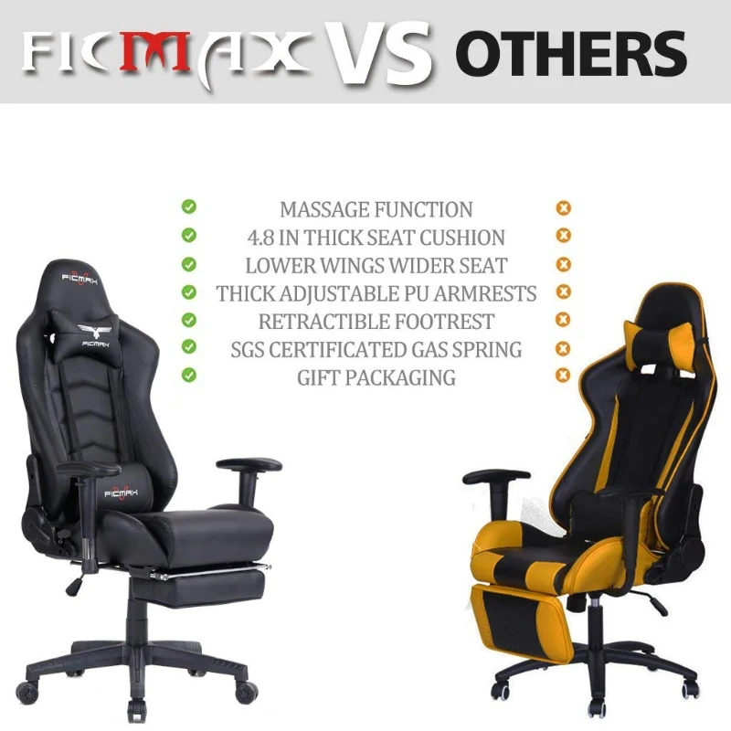 Ficmax Ergonomic  Racing Style Gaming Chair  High-Back Computer  PC Swivel  Seat with Massage Lumbar  Support and Headrest Pillow -Black
