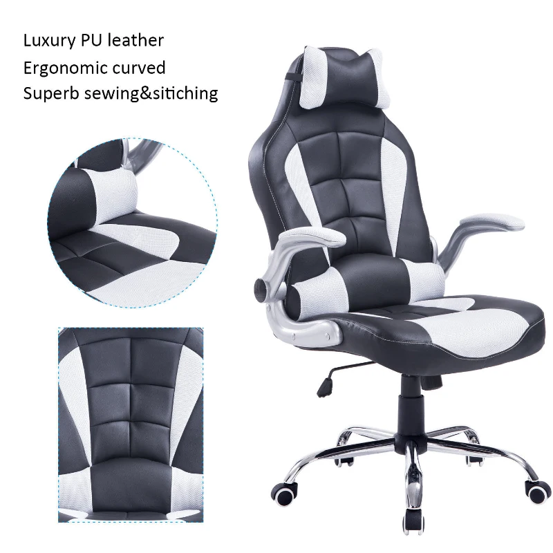 HomCom High Back Racing Style Ergonomic Gaming Chair With Armrest, Lumbar And Head Support - White / Black