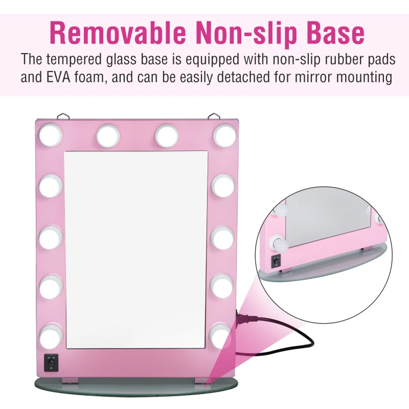 HOMCOM 20" x 26" Aluminum Alloy 26” Dimmable Illuminated Hollywood Style Vanity Mirror Mounted Home with 12 LED Bulbs - Pink
