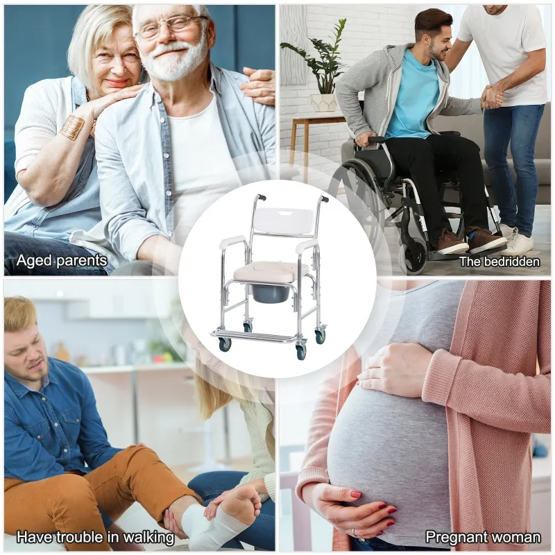 HomCom Personal Mobility Durable Waterproof Shower Accessible Transport Commode Medical Rolling Chair