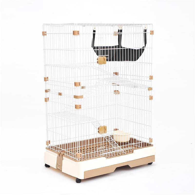 Pawhut 43" 2 Tier Rolling Pet Crate Playpen Cat Cage w/ Hammock - Brown