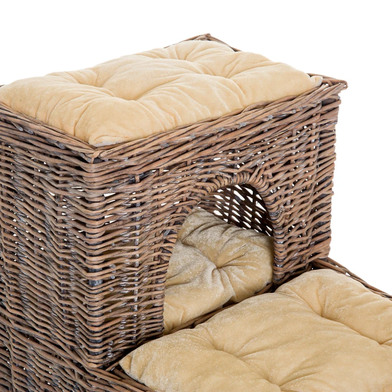 Pawhut 3-Tier Handcrafted Wicker Cat Condo Lounge Bed Indoor Outdoor Play House w/ Soft Cushions