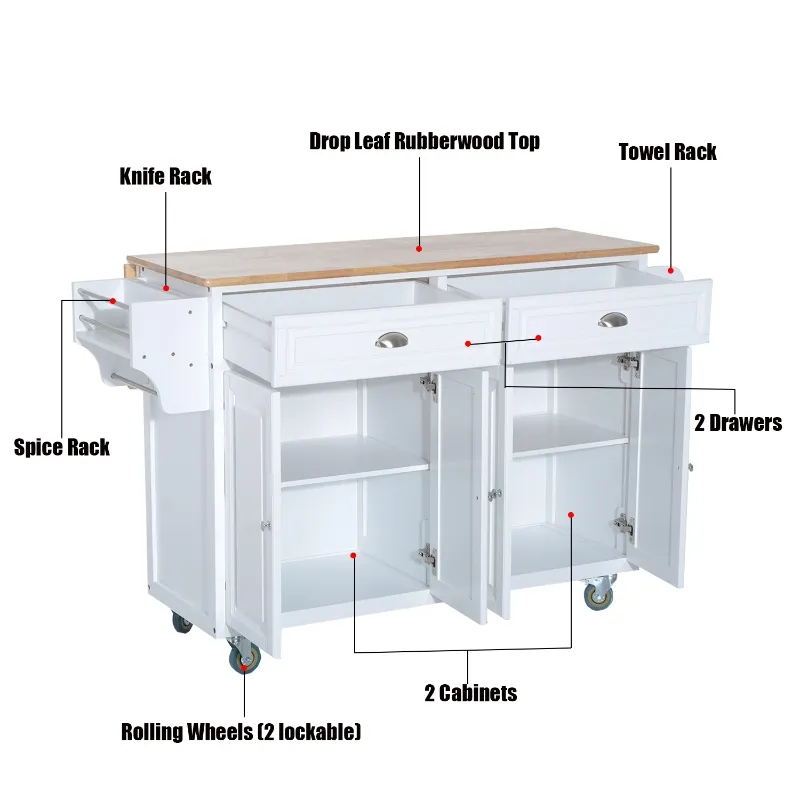 HomCom Kitchen Rolling Island Cart with Drawers Wood Top Drop-Leaf Table Cart on Wheels - White