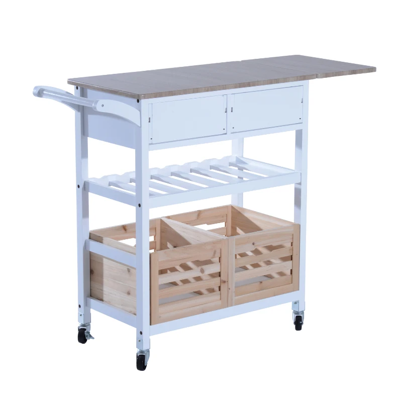 HomCom 34" Rolling Drop-Leaf Kitchen Trolley Serving Cart with Wine Rack