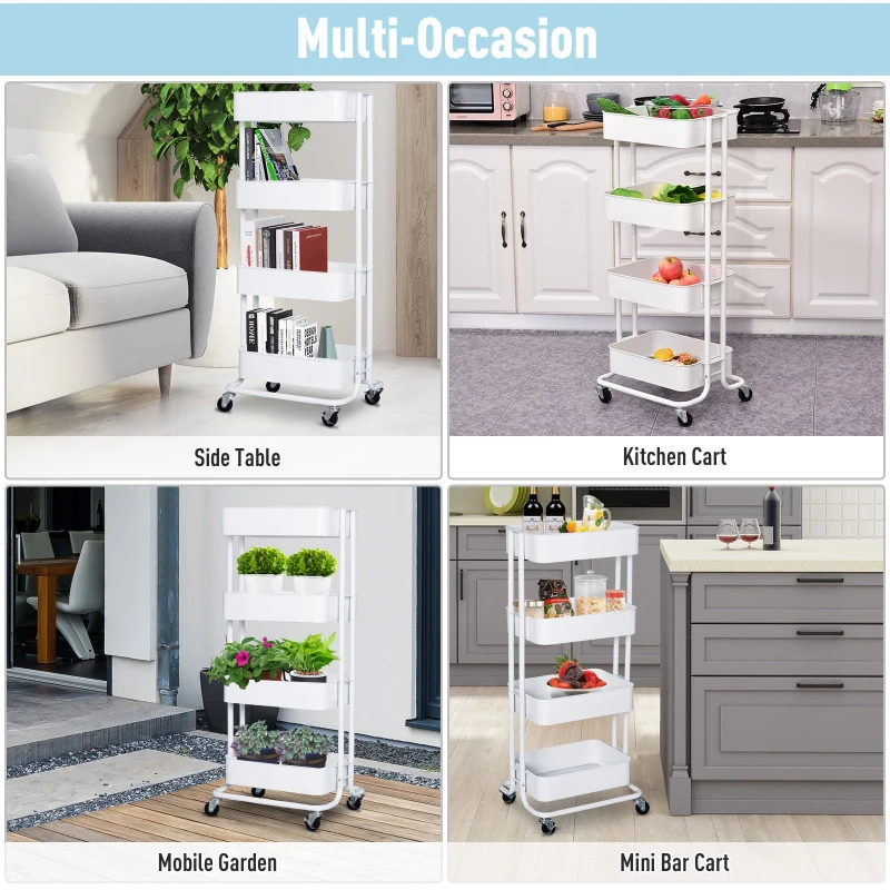 HOMCOM 4-tier Rolling Metal Kitchen Utility Cart Trolley with Storage - White