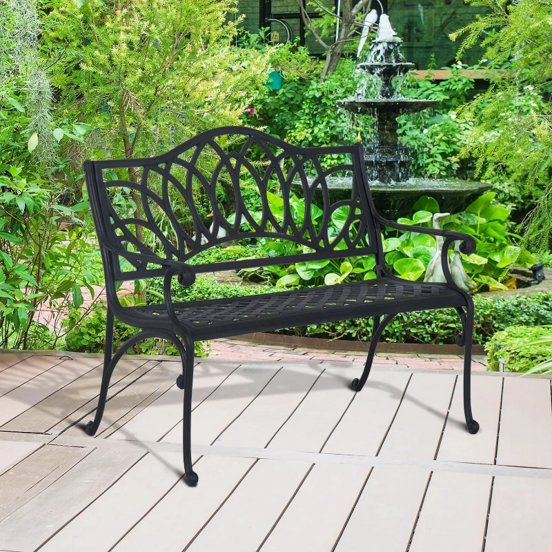 Outsunny 41" Lotus Flower Pattern Decorative Outdoor Garden Bench - Black