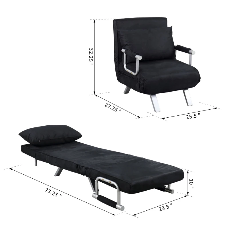 HomCom Single Person Folding 5 Position Steel Convertible Sleeper Bed Sofa Chair - Black